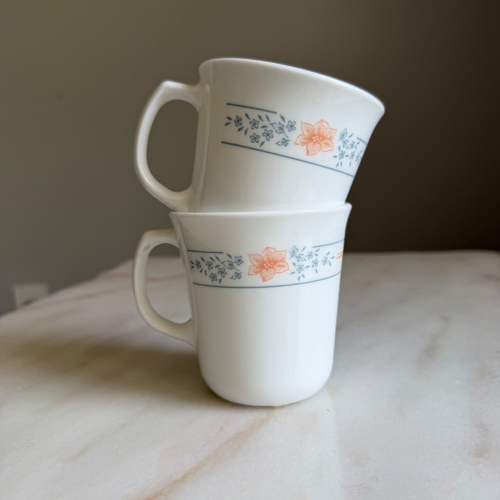 Vintage Corning Corelle Apricot Grove Coffee Mugs Set of 2 Peach Floral USA Made